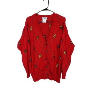 Vintage floral embroidered leaf print autumn cardigan size medium